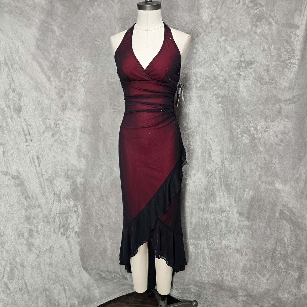 Vtg Whimsigoth Rampage Maxi Dress Women S Red Blk Mesh Ruffle Halter Y2K Grunge